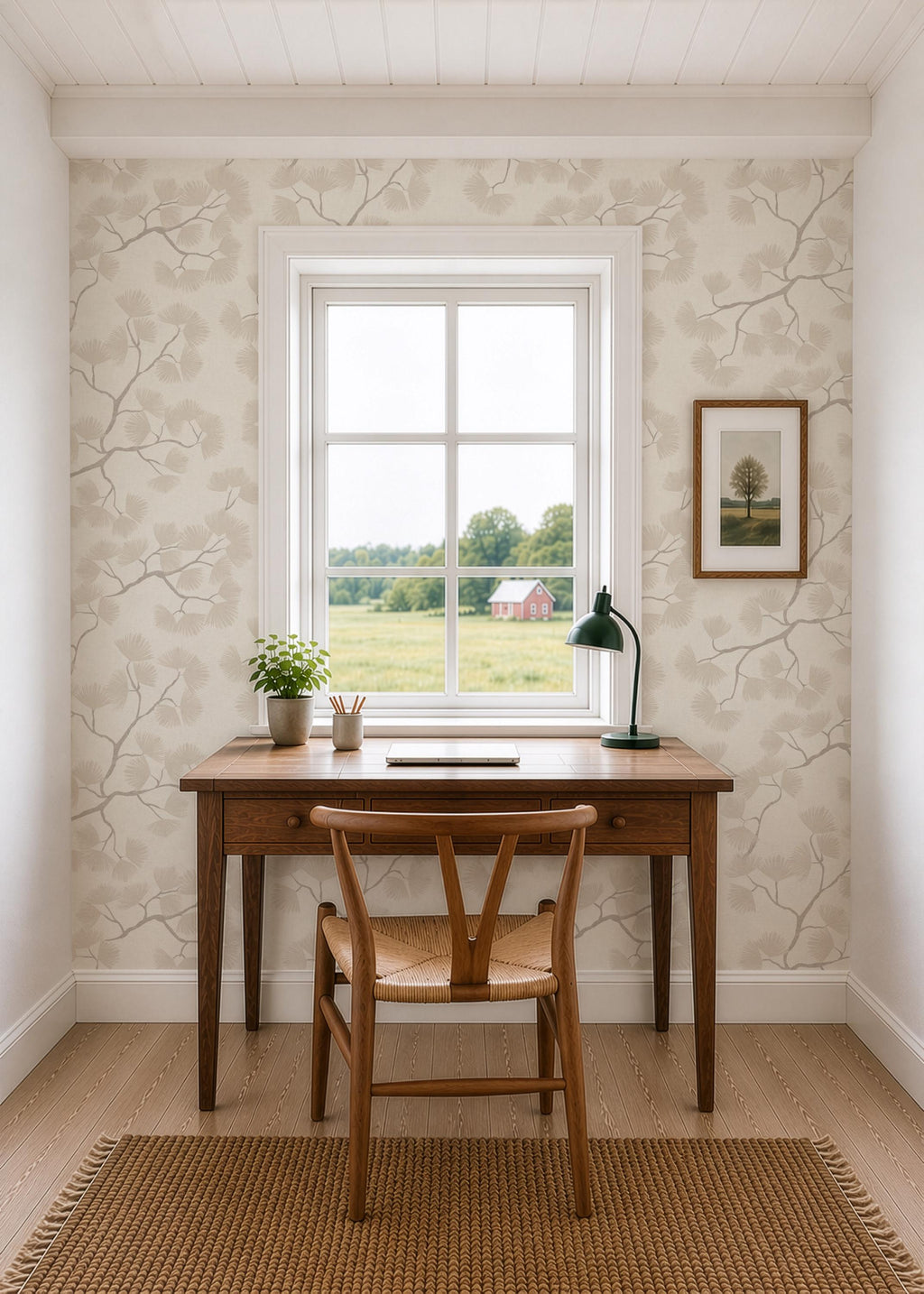Beige Pine Branch Wallpaper – Minimalist Woodland Wall Decor (Peel and Stick)