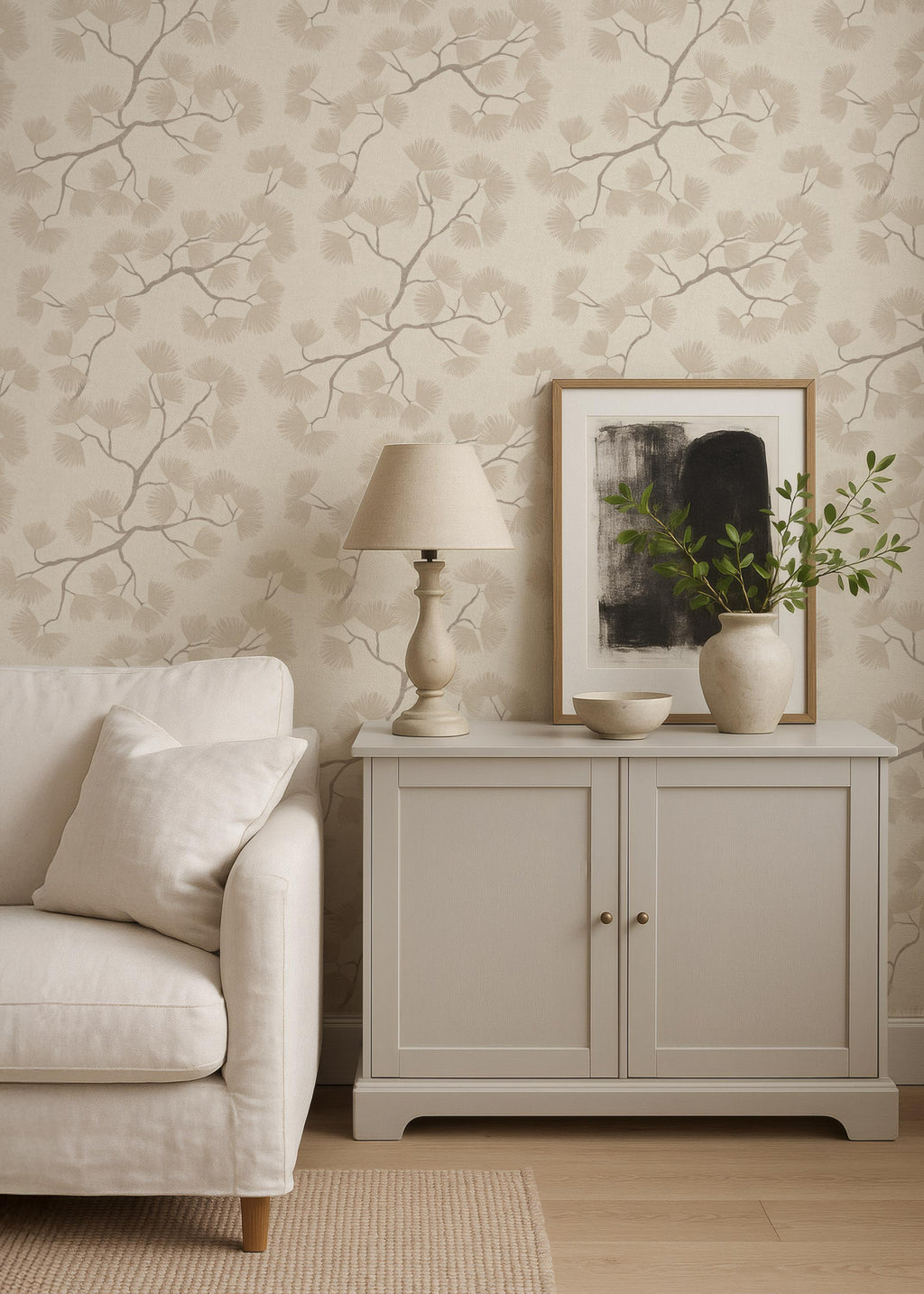 Beige Pine Branch Wallpaper – Minimalist Woodland Wall Decor (Peel and Stick)