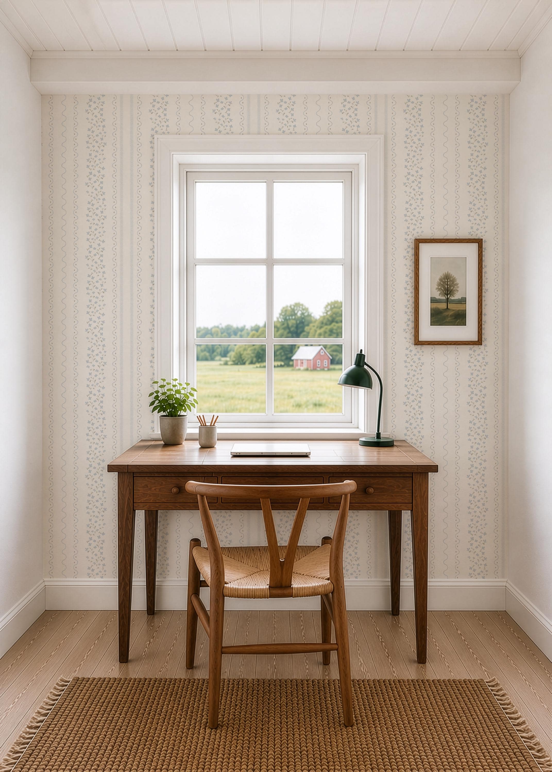 Blue Wildflower Stripe Wallpaper: Watercolor Ditsy Floral Nursery Wall Covering (Peel and Stick)