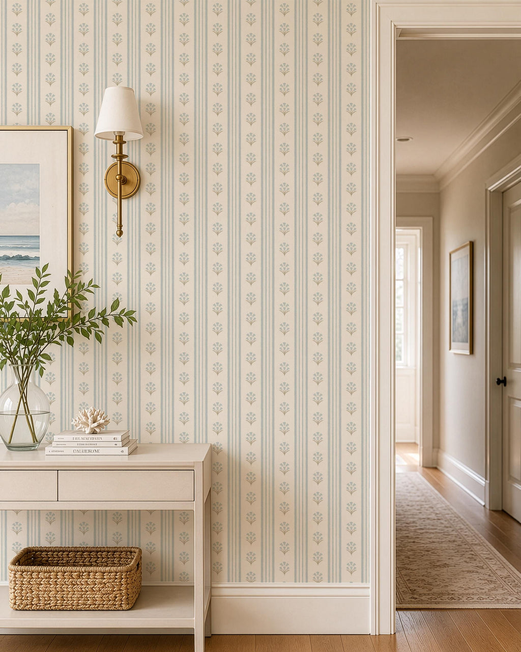 Blue Wildflower Stripe Wallpaper, Vintage Cottage Nursery Decor, Botanical Pattern