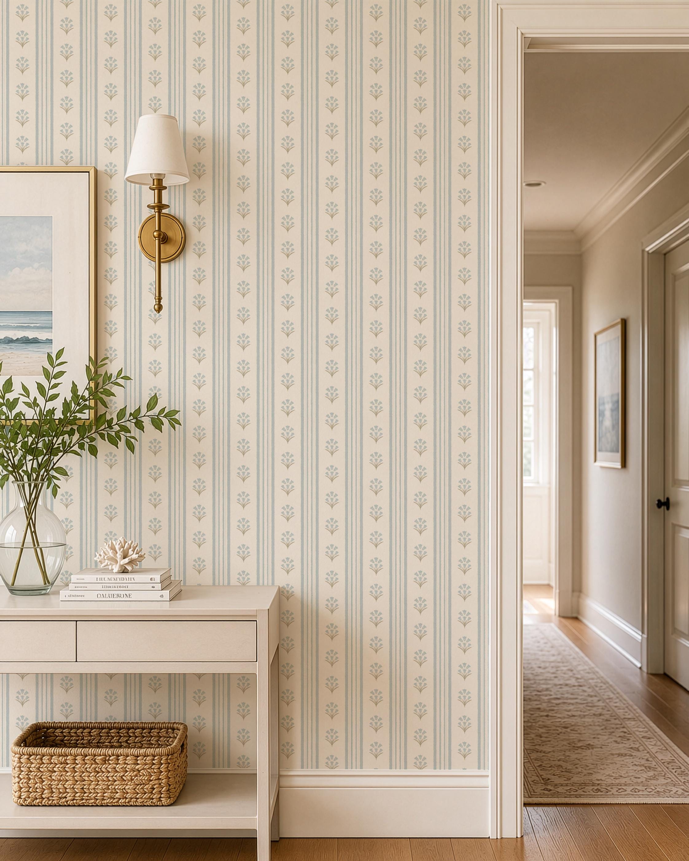 Blue Wildflower Stripe Wallpaper, Vintage Cottage Nursery Decor, Botanical Pattern