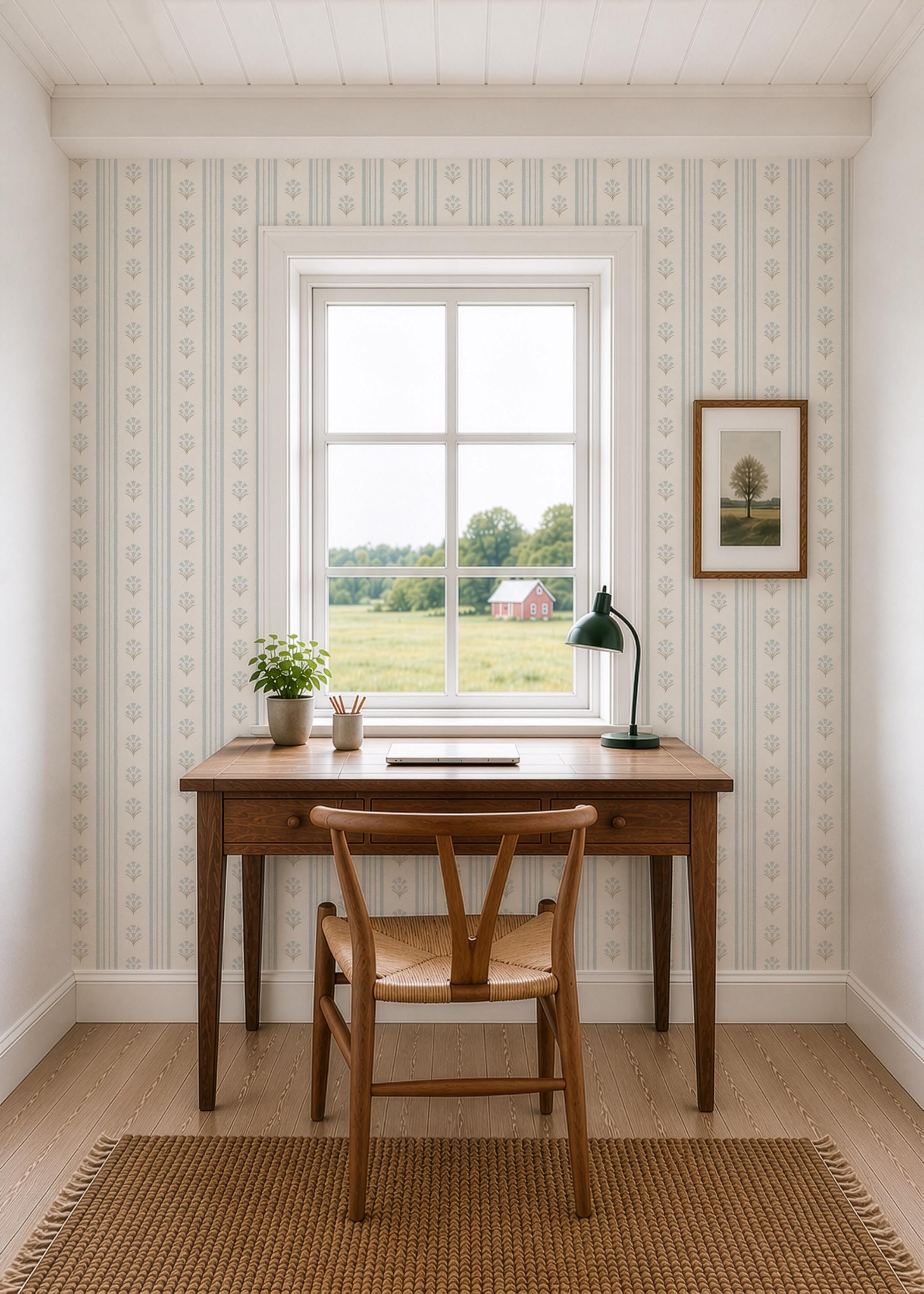 Blue Wildflower Stripe Wallpaper, Vintage Cottage Nursery Decor, Botanical Pattern