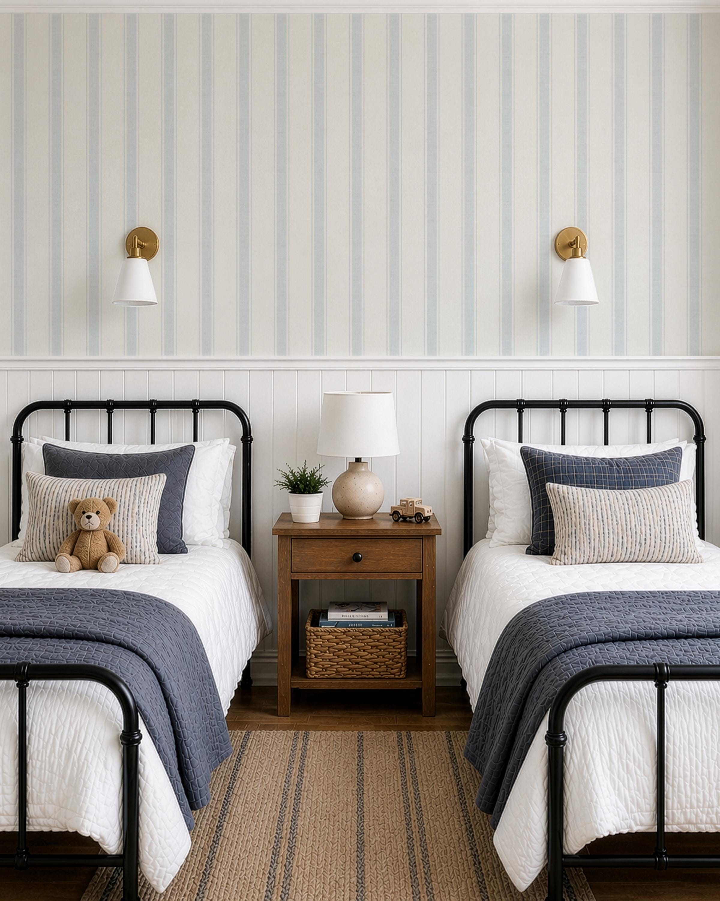 Blue Striped Boy Nursery Wallpaper, Peel and Stick Vertical Stripe Wall Covering, Vintage Baby Room Accent Wall