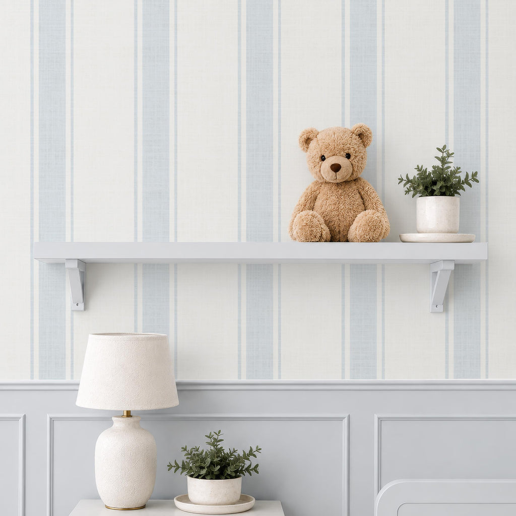 Blue Striped Wallpaper: Wide Stripes with Linen Texture, Coastal Farmhouse Wall Covering, Soft Blue Vintage Stripes, Peel and Stick