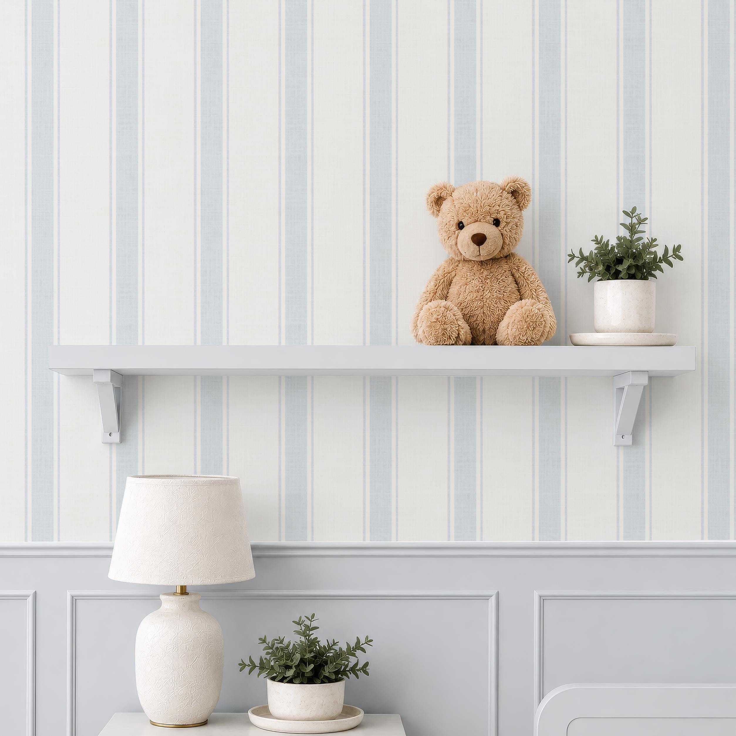 Blue Striped Boy Nursery Wallpaper, Peel and Stick Vertical Stripe Wall Covering, Vintage Baby Room Accent Wall