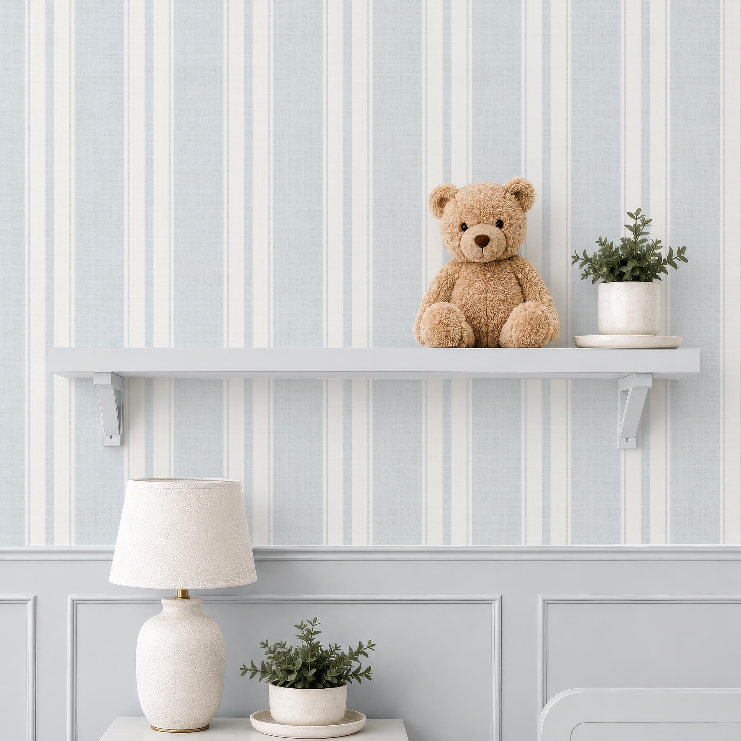 pale blue farmhouse wallpaper ticking stripe removable french blue stripe wall cottage cream stripe linen look peel and stick wall covering