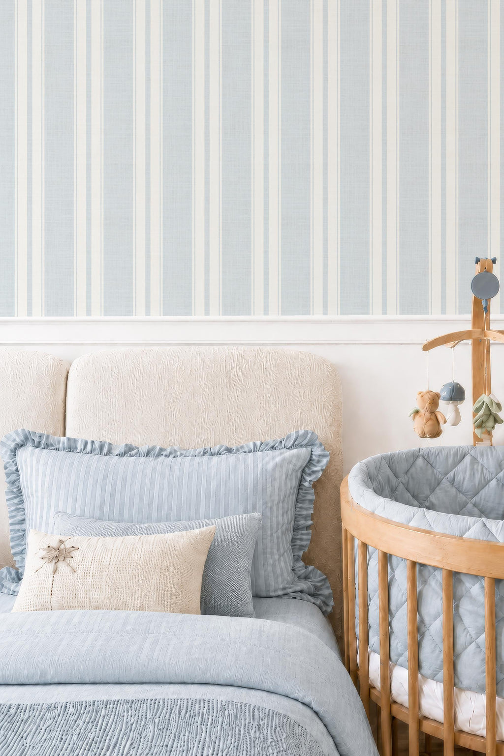 pale blue farmhouse wallpaper ticking stripe removable french blue stripe wall cottage cream stripe linen look peel and stick wall covering