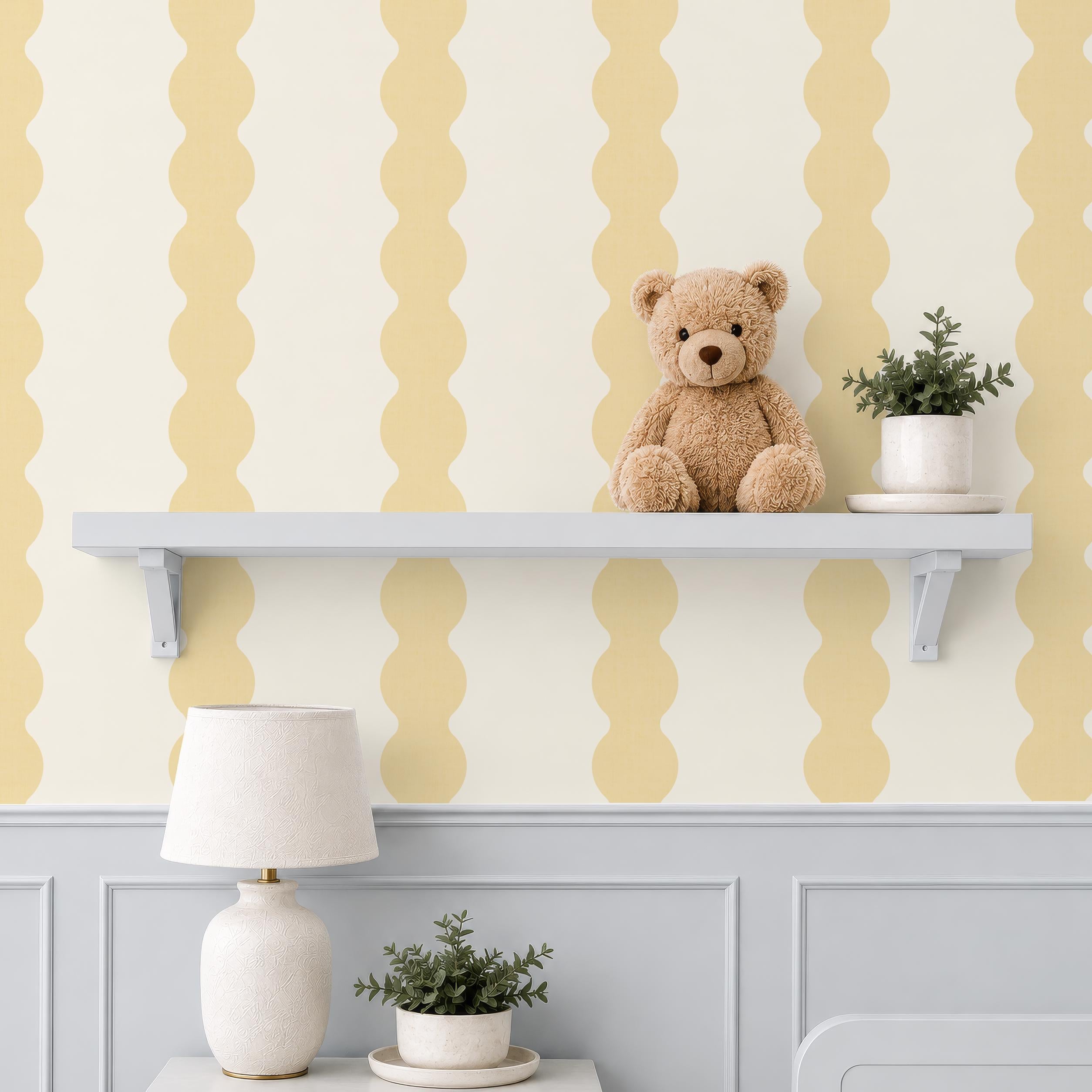 Pastel yellow Wavy Striped Wallpaper, Sunshine bathroom wall covering, Scallop Striped Peel and Stick Wall Decor, Retro stripe wall decor