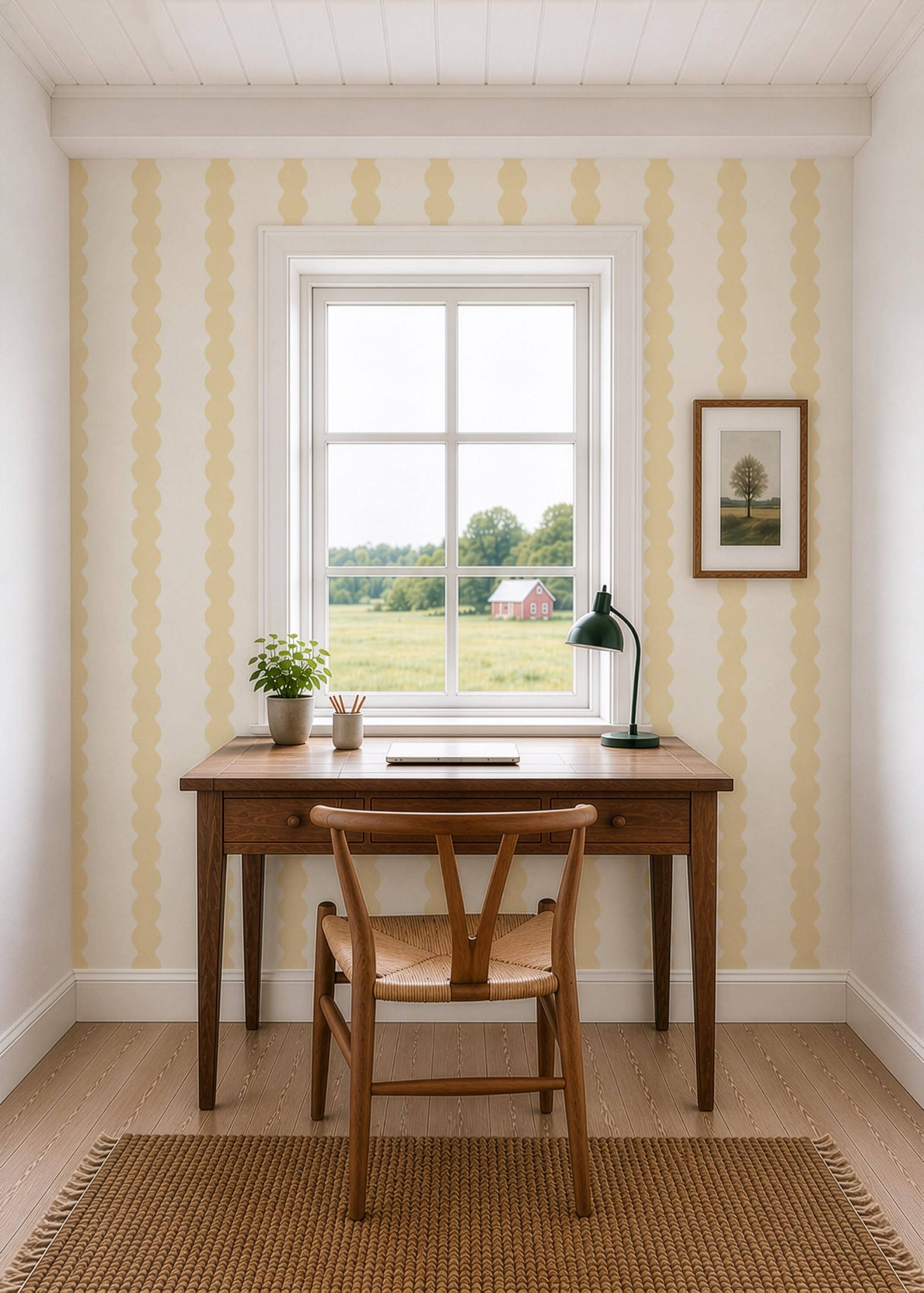 Pastel yellow Wavy Striped Wallpaper, Sunshine bathroom wall covering, Scallop Striped Peel and Stick Wall Decor, Retro stripe wall decor