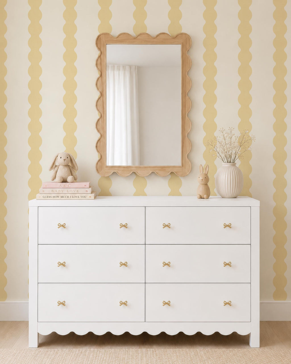 Pastel yellow Wavy Striped Wallpaper, Sunshine bathroom wall covering, Scallop Striped Peel and Stick Wall Decor, Retro stripe wall decor