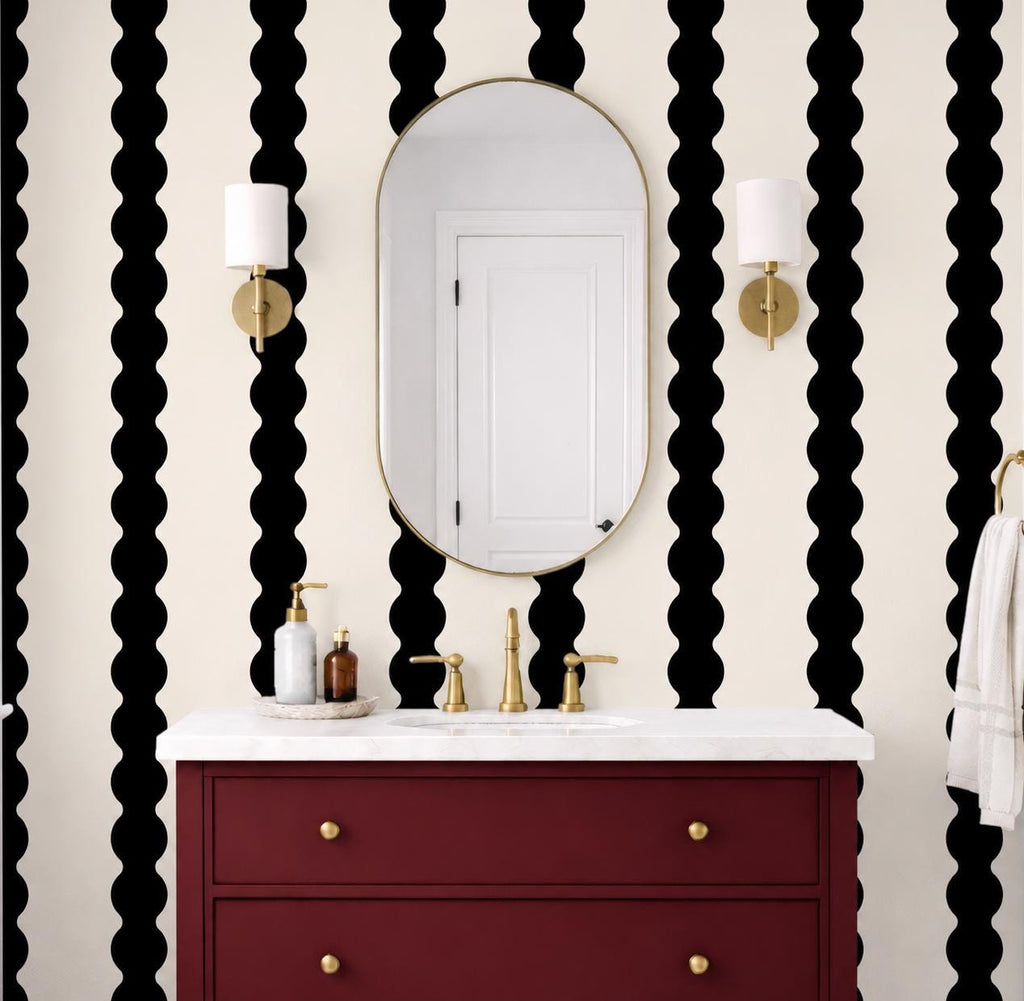 Black & cream wavy striped wallpaper, black accent wall covering, large scale stripes, dark moody wall decor (peel and stick or traditional)