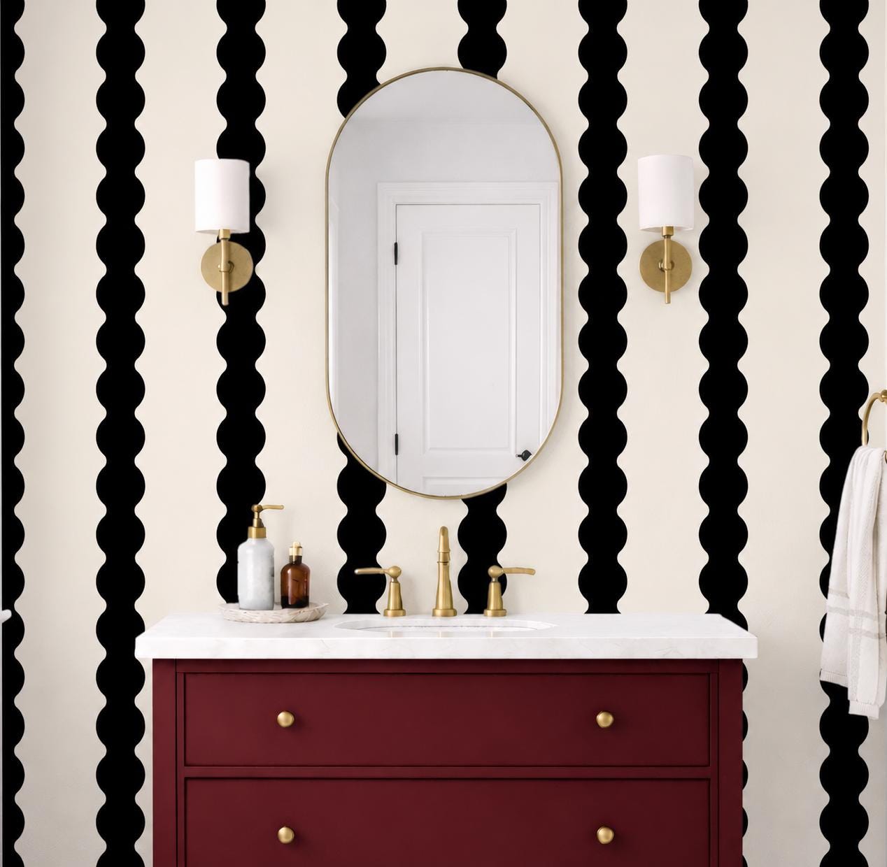 Black & cream wavy striped wallpaper, black accent wall covering, large scale stripes, dark moody wall decor (peel and stick or traditional)