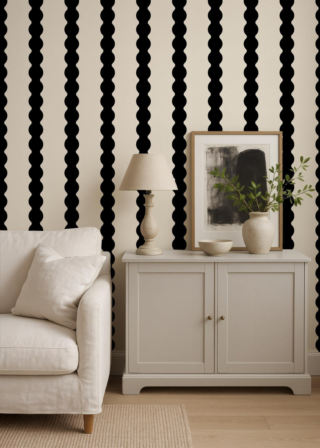 Black & cream wavy striped wallpaper, black accent wall covering, large scale stripes, dark moody wall decor (peel and stick or traditional)