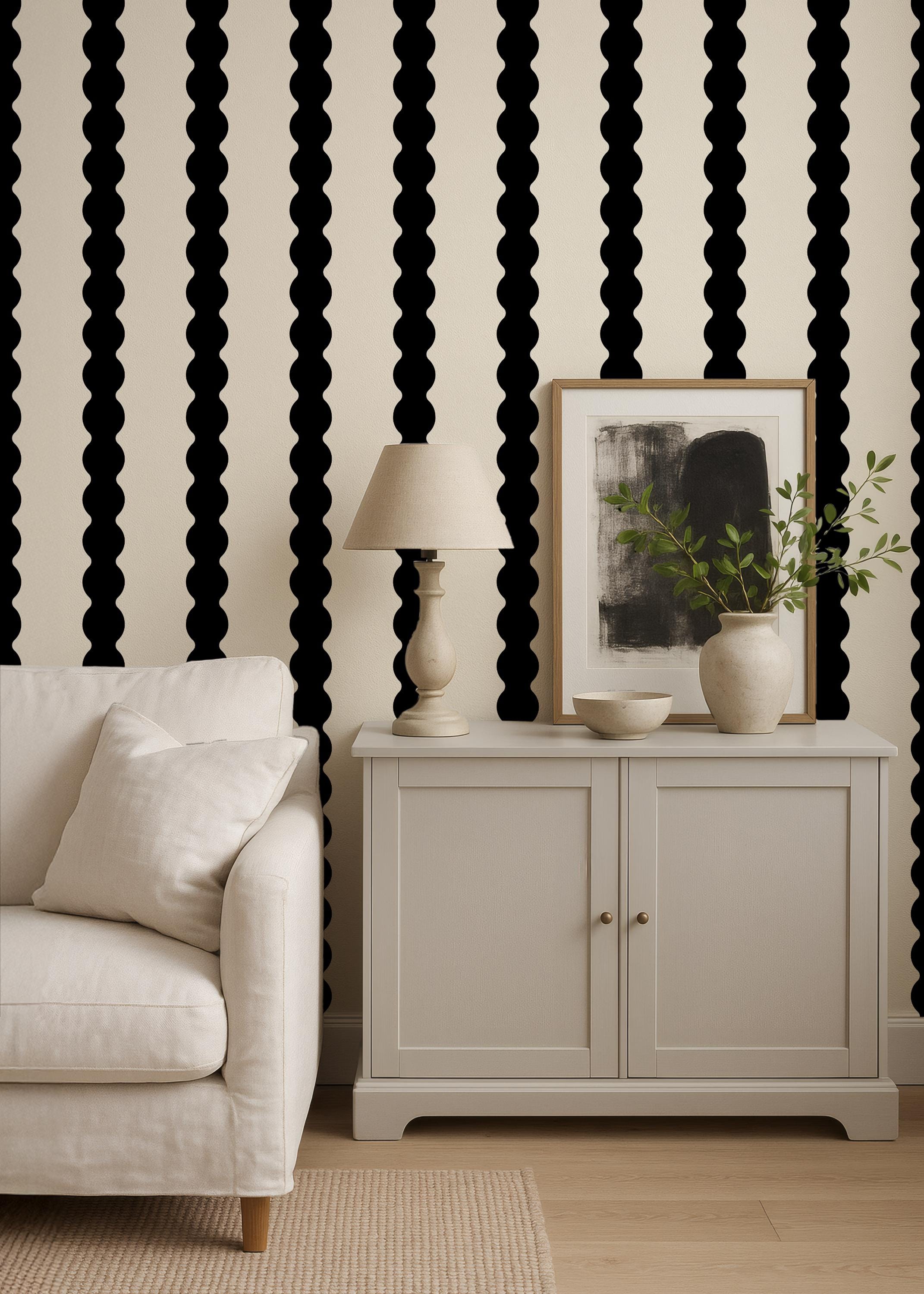 Black & cream wavy striped wallpaper, black accent wall covering, large scale stripes, dark moody wall decor (peel and stick or traditional)