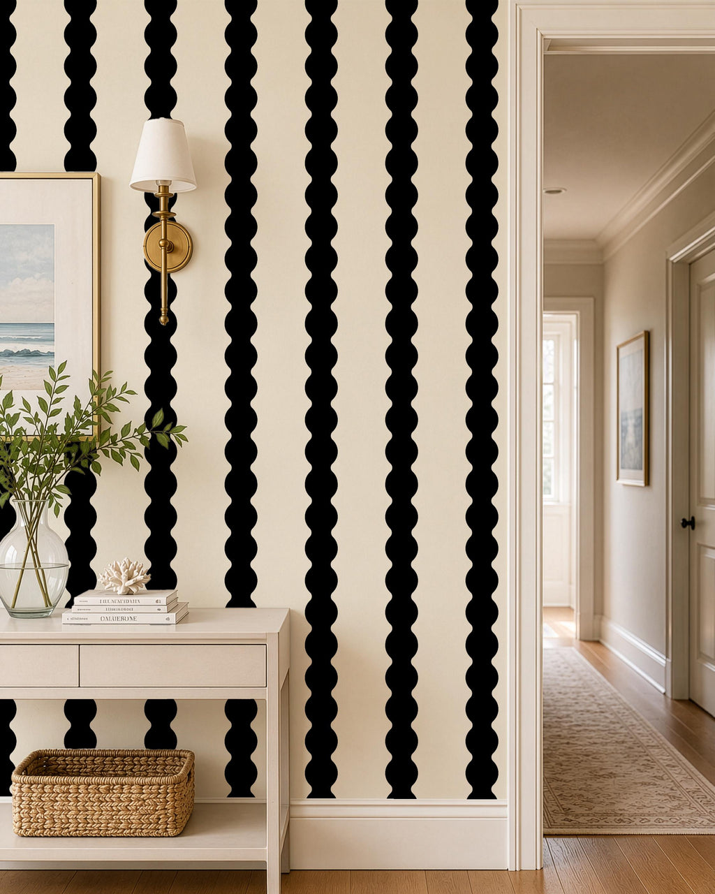 Black & cream wavy striped wallpaper, black accent wall covering, large scale stripes, dark moody wall decor (peel and stick or traditional)