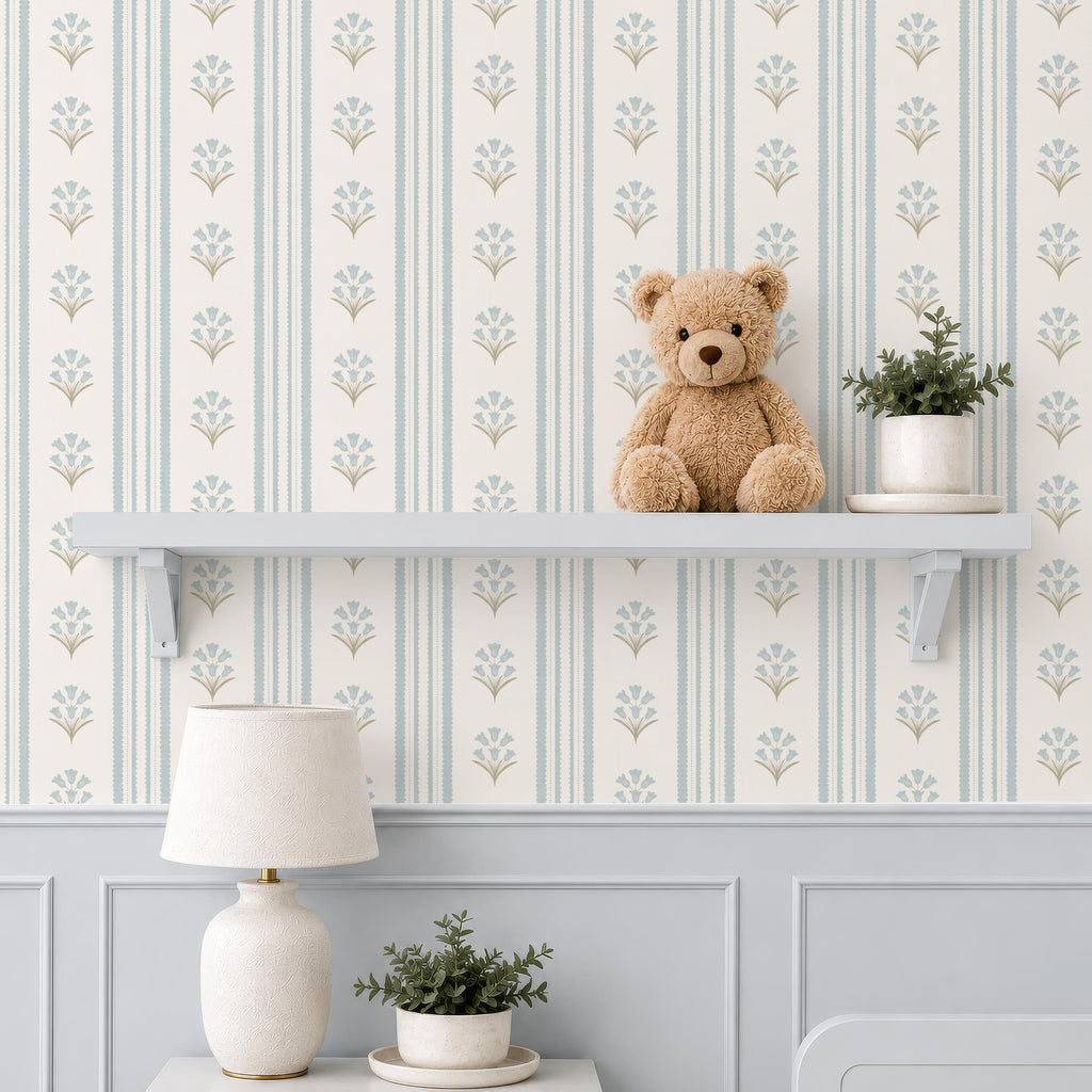 Blue Wildflower Stripe Wallpaper, Vintage Cottage Nursery Decor, Botanical Pattern
