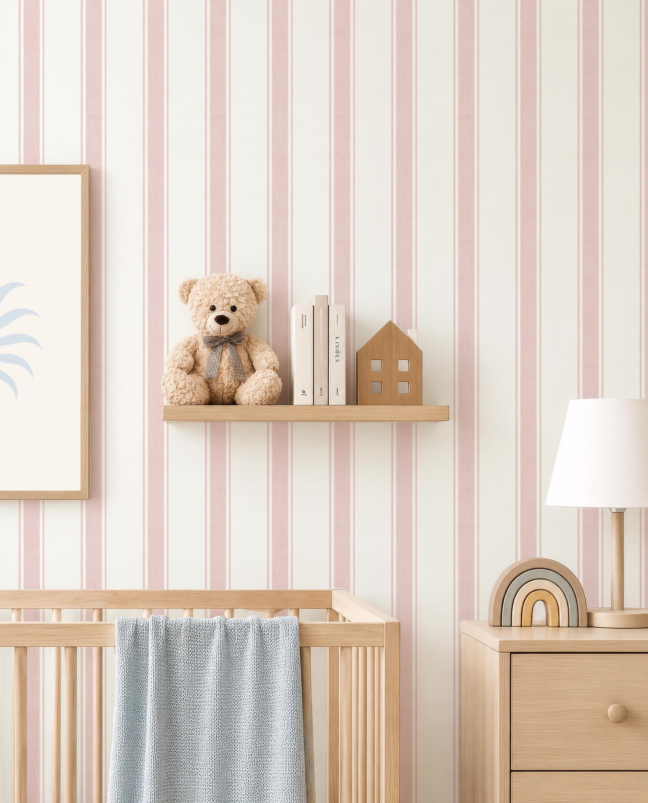 Pink Stripe Wallpaper, Soft Pink Striped Wallpaper, girl Nursery Wallpaper, Girls Room Wallpaper, Classic baby ticking stripes Wall Decor