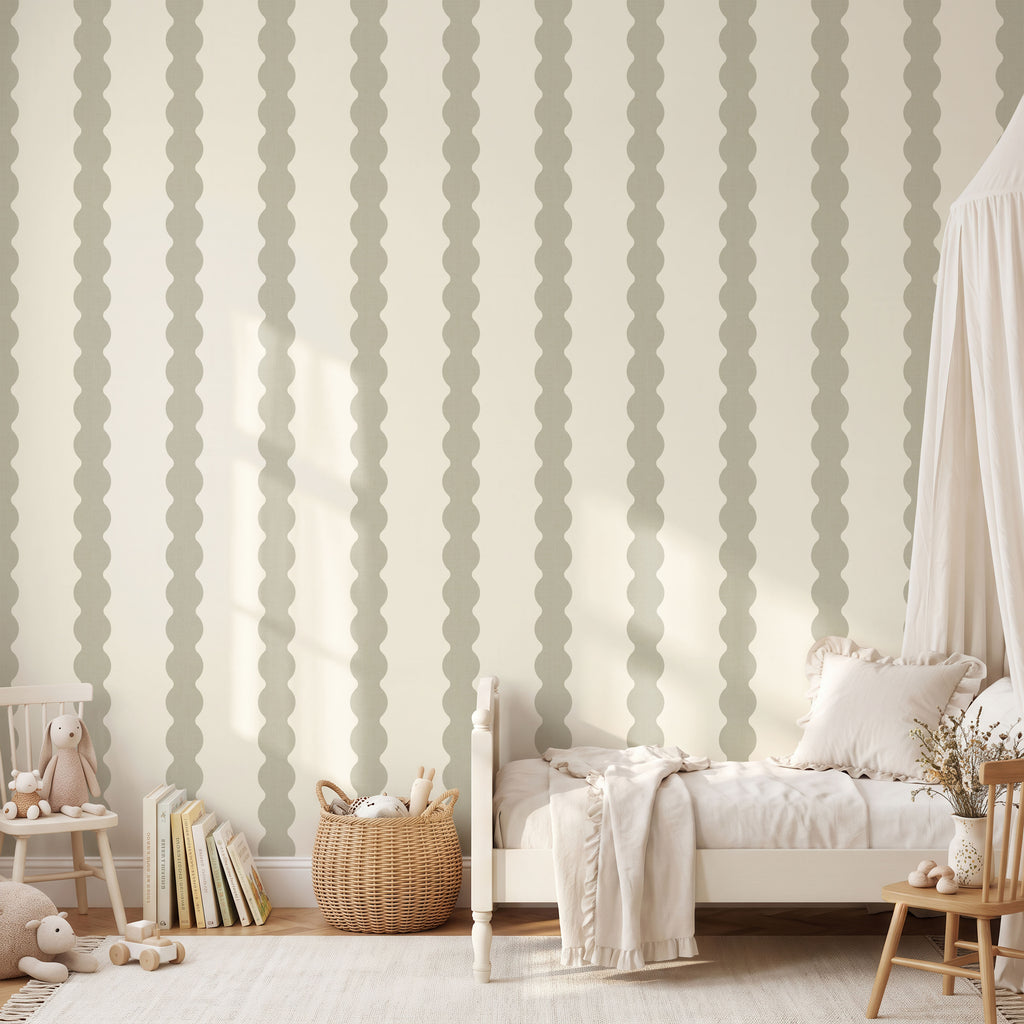 Scandinavian green Scallop Striped Wallpaper