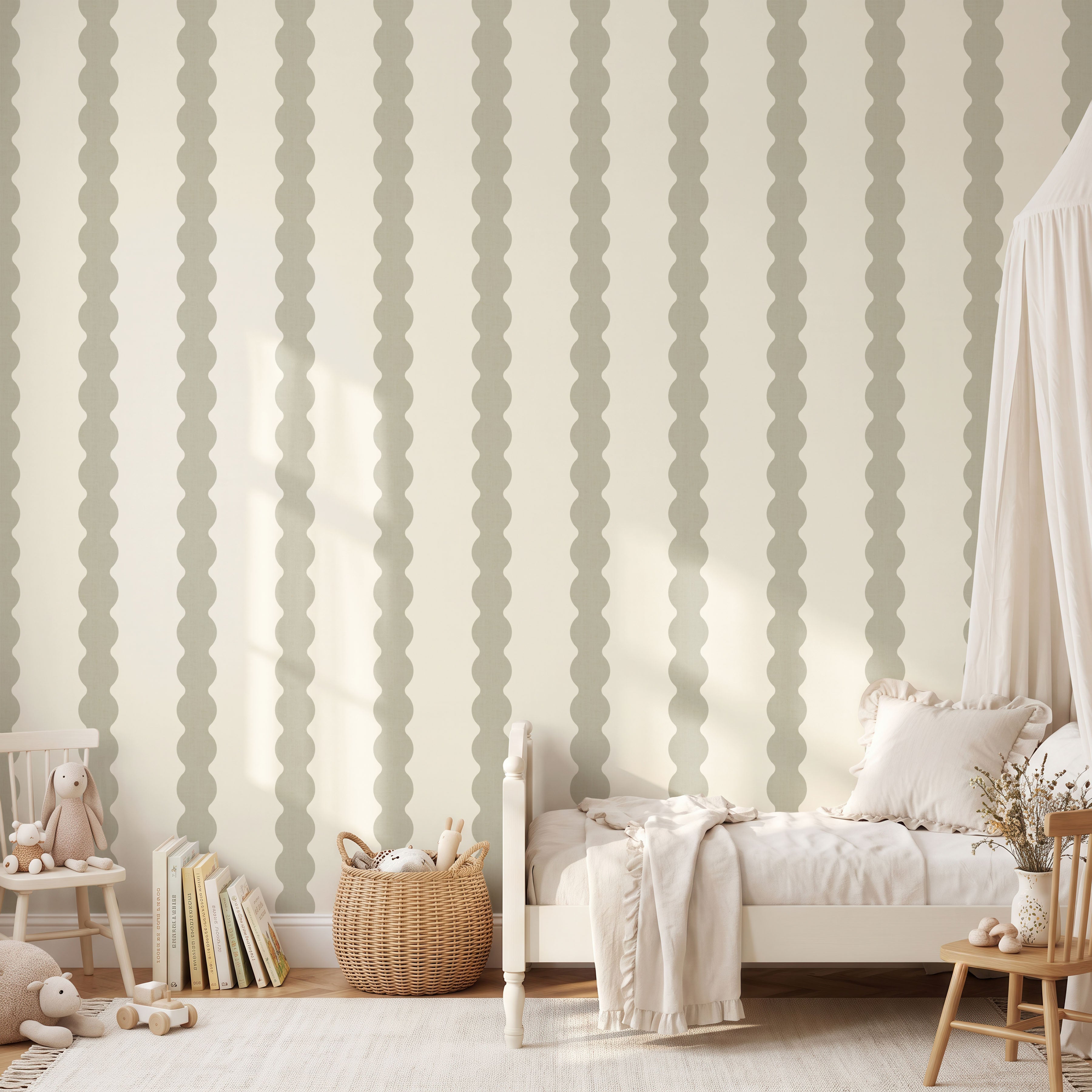Scandinavian green Scallop Striped Wallpaper