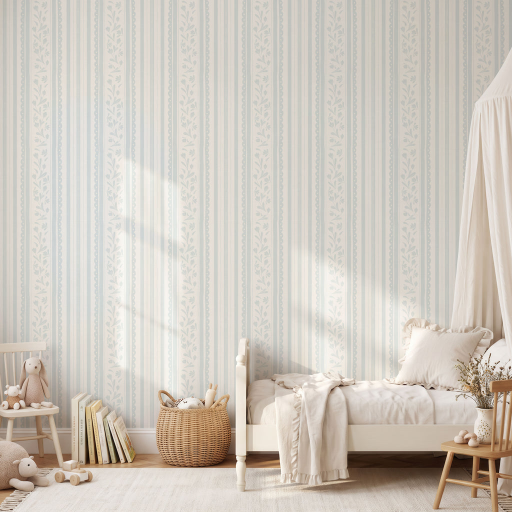 Pastel blue vintage striped wildflower wallpaper