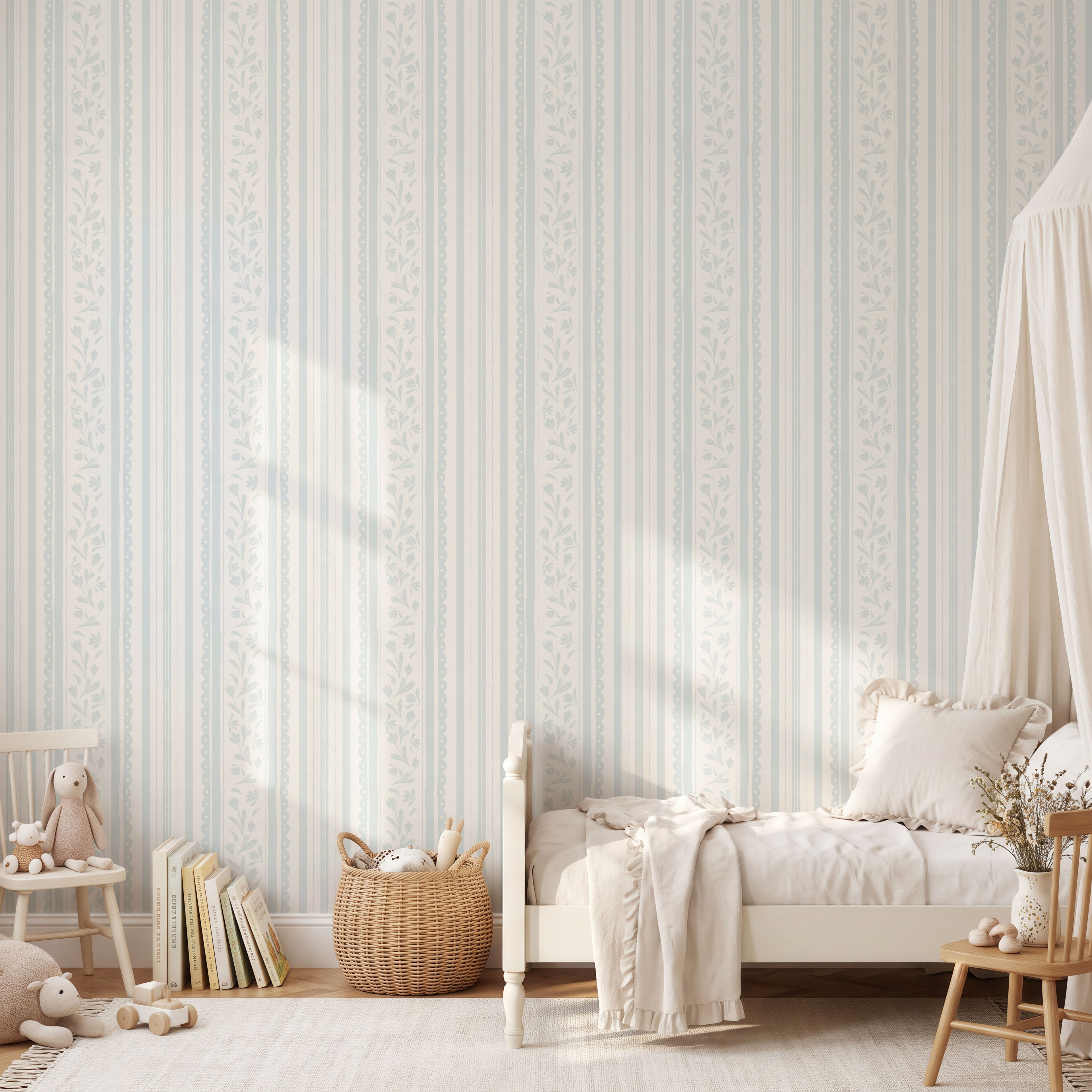 Pastel blue vintage striped wildflower wallpaper