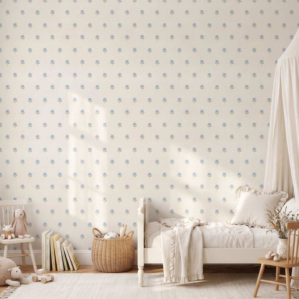 Blue hand drawn floral cottage Wallpaper