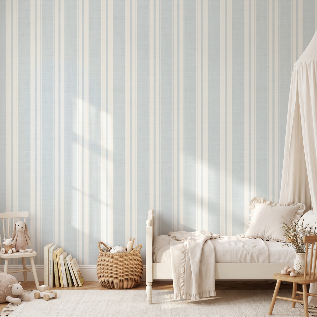 Blue French ticking striped wallpaper