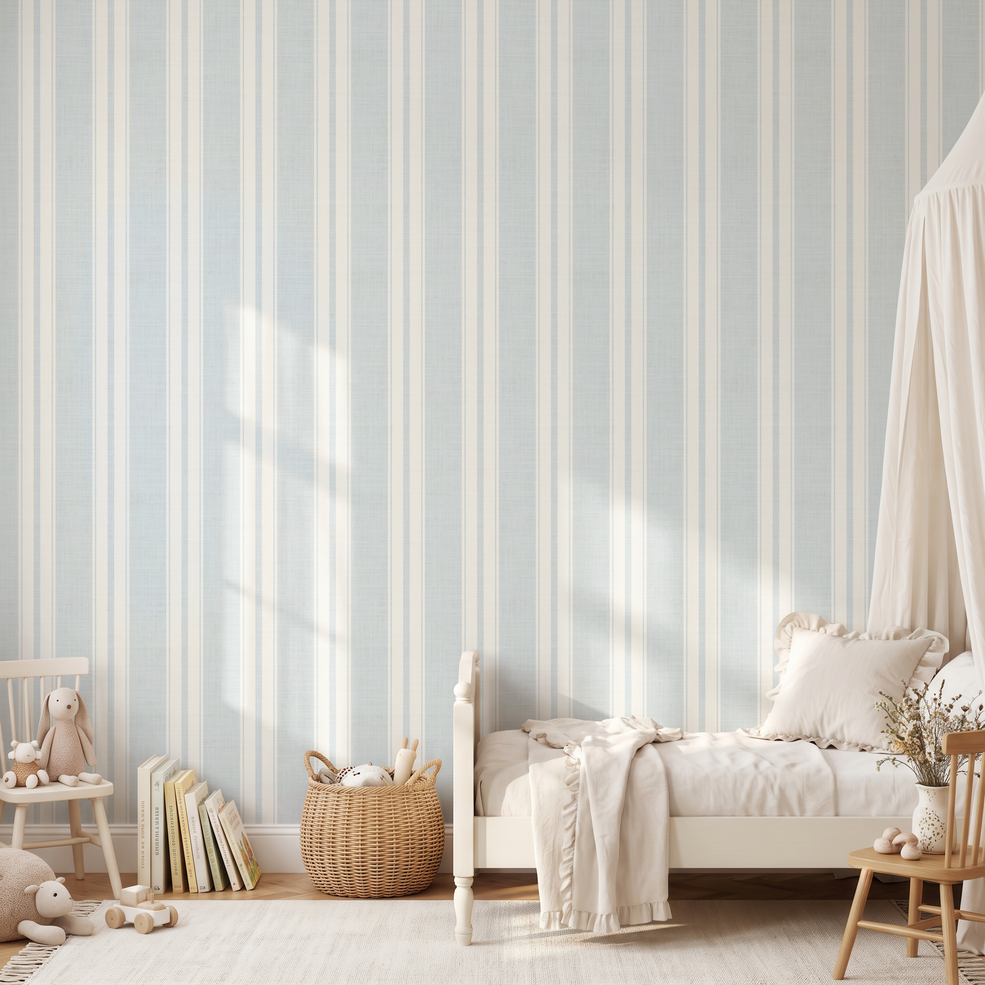 Blue French ticking striped wallpaper