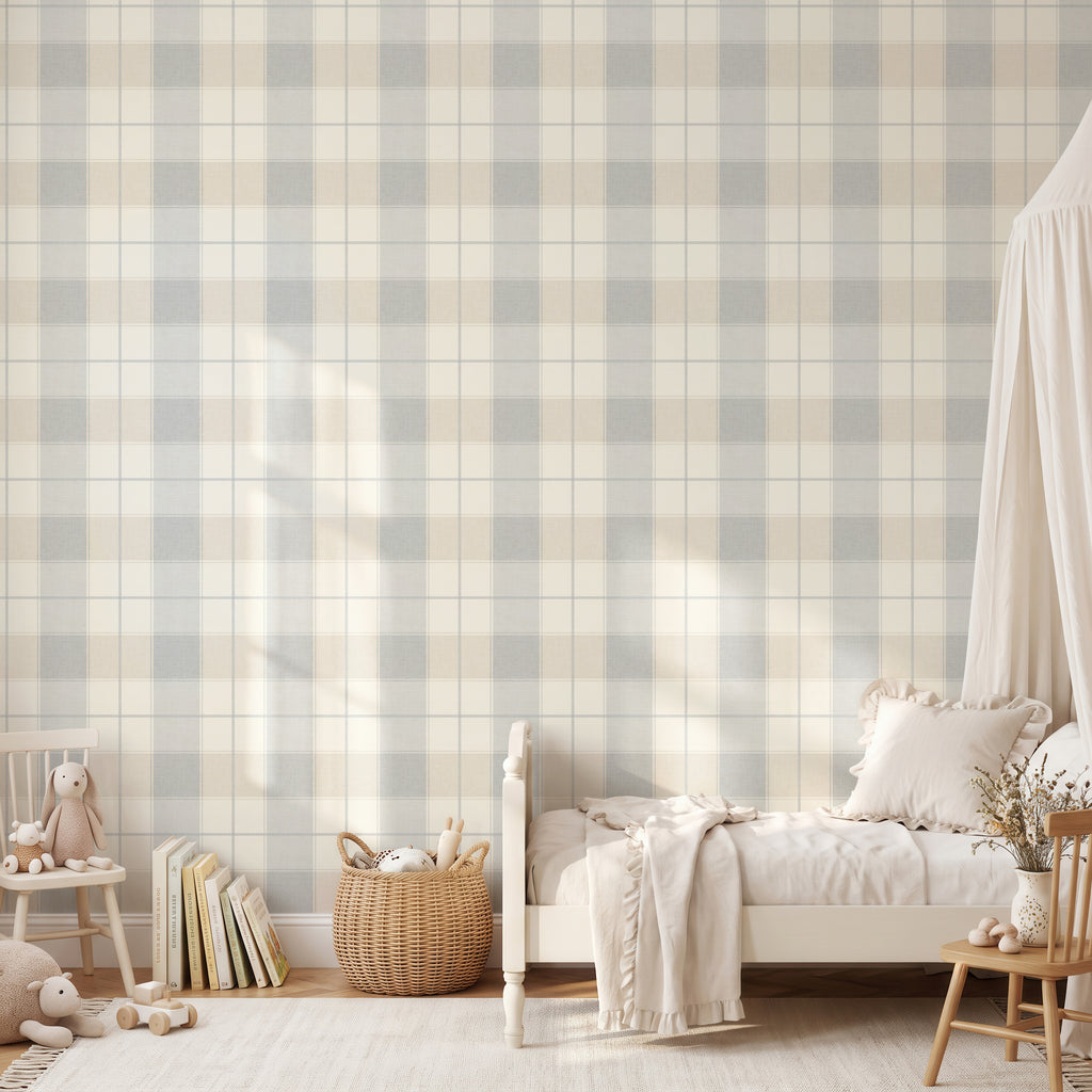 Neutral blue and beige buffalo heritage plaid wallpaper
