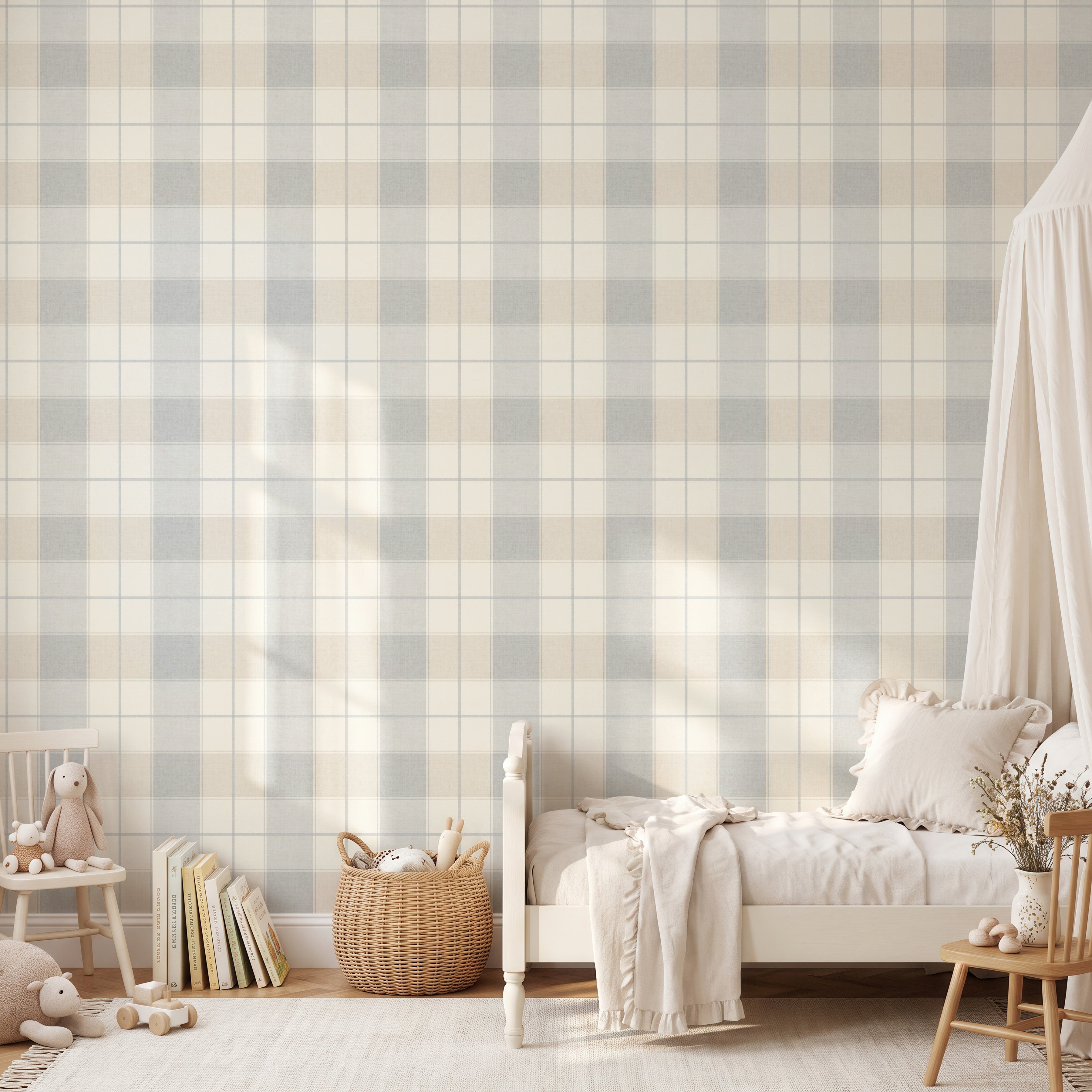 Neutral blue and beige buffalo heritage plaid wallpaper