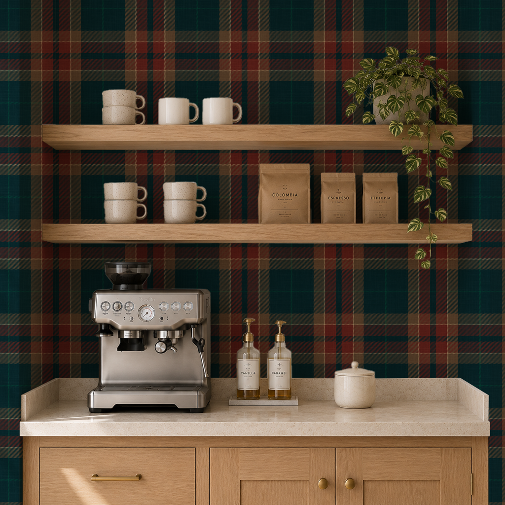 Moody Red & blue farmhouse Plaid Wallpaper