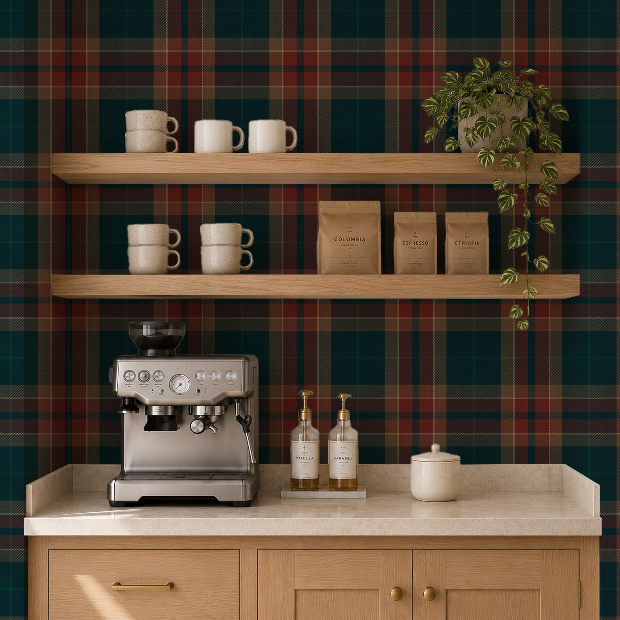 Moody Red & blue farmhouse Plaid Wallpaper