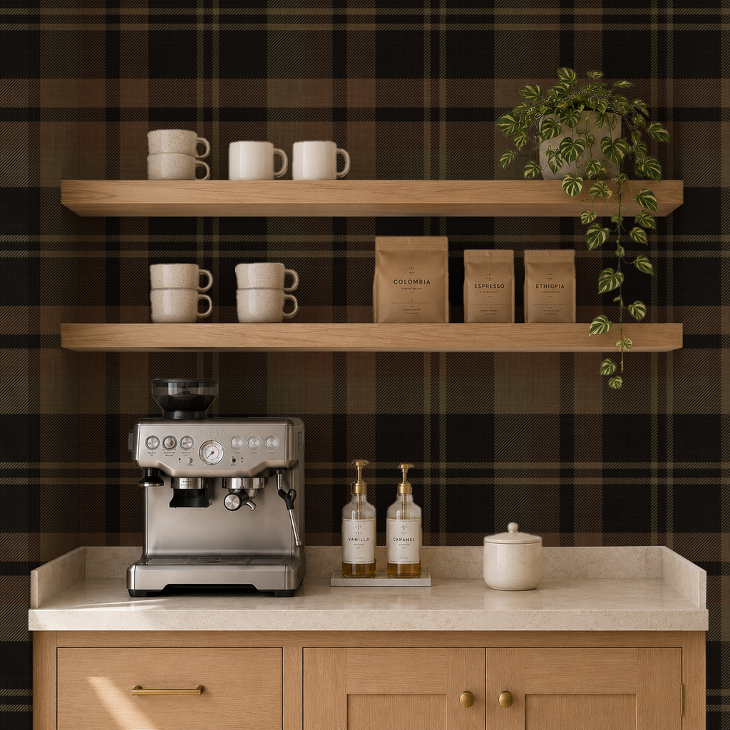 Dark black Plaid removable peel & stick Wallpaper: rustic dark brown olive green Wall covering - cozy farmhouse interior - grasscloth option