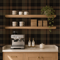Dark black Plaid removable peel & stick Wallpaper: rustic dark brown olive green Wall covering - cozy farmhouse interior - grasscloth option