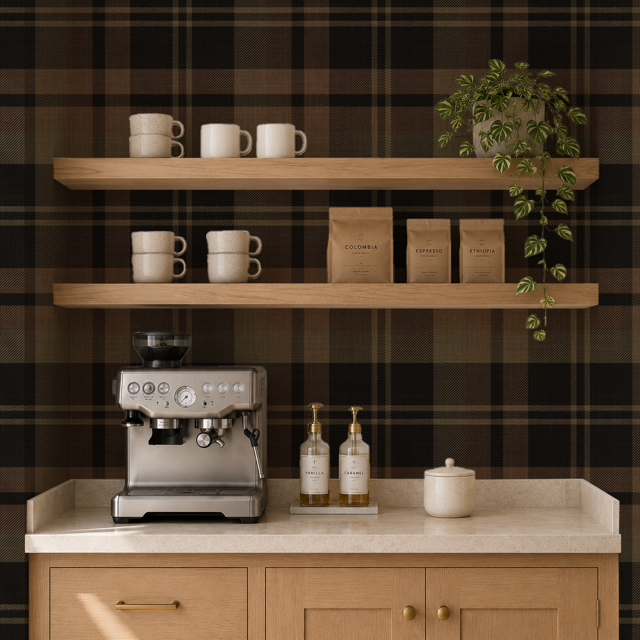 Dark black Plaid removable peel & stick Wallpaper: rustic dark brown olive green Wall covering - cozy farmhouse interior - grasscloth option