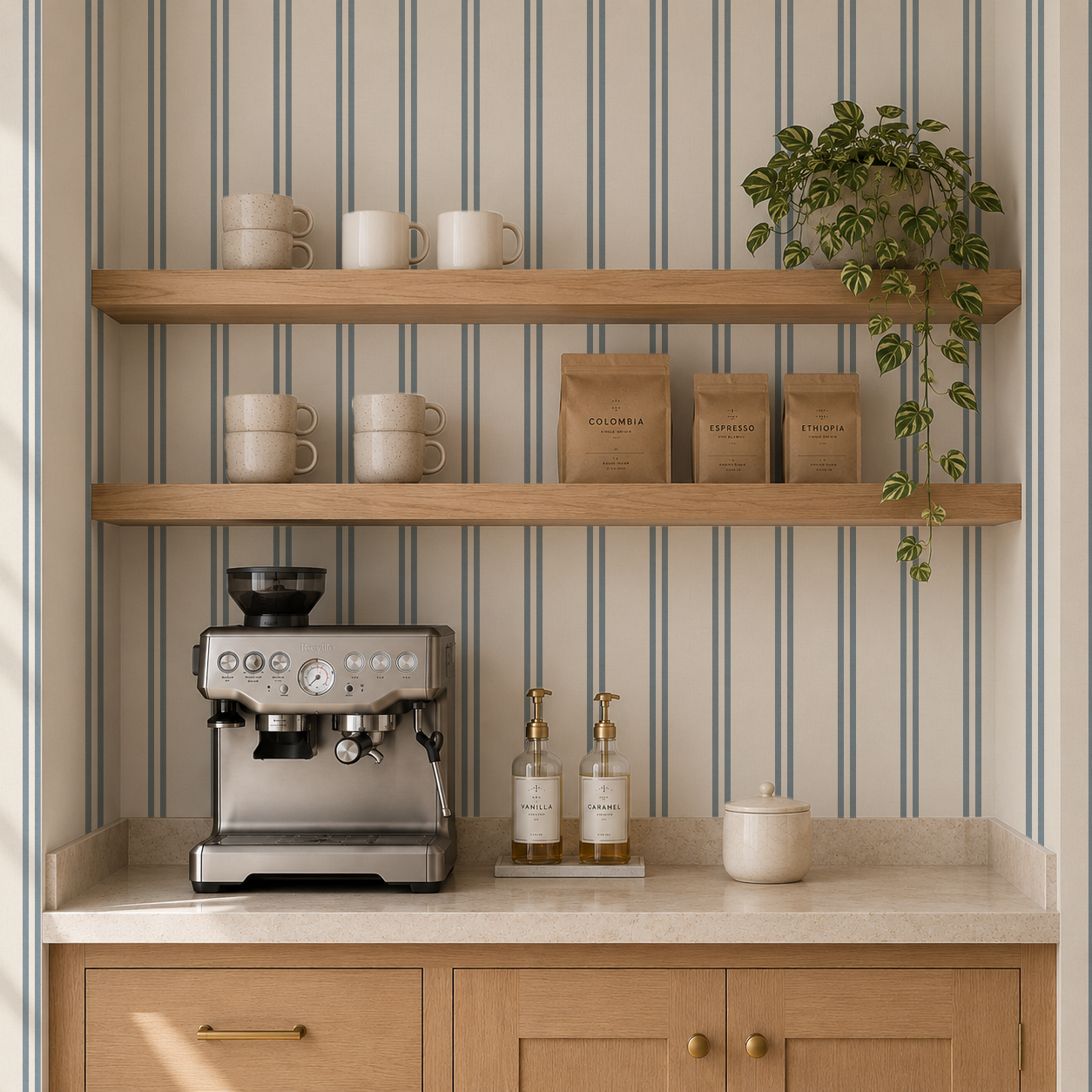 Blue & cream soft double striped Wallpaper with rustic texture