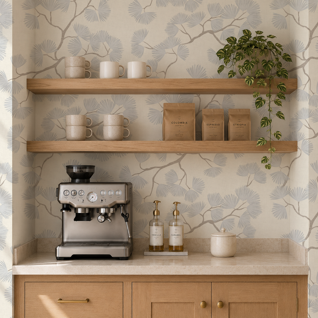 Scandinavian woodland pine tree branch wallpaper