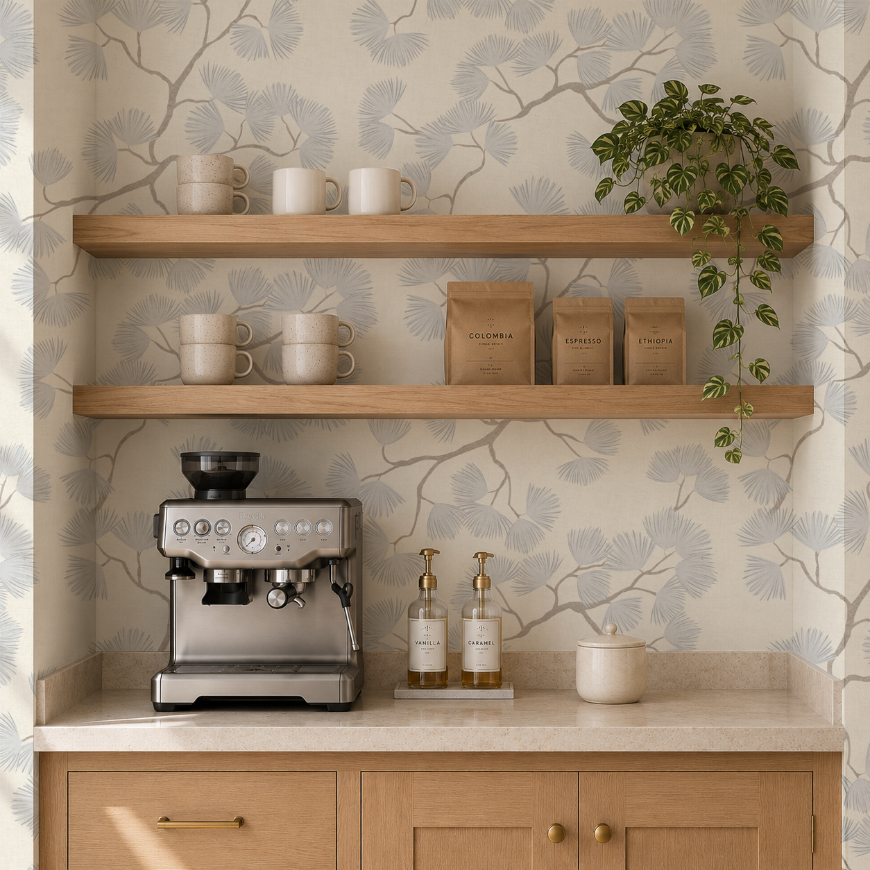 Scandinavian woodland pine tree branch wallpaper