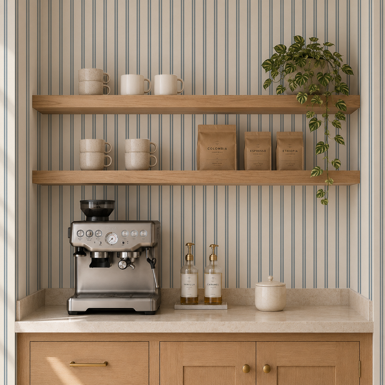 Dusty blue thin ticking stripes wallpaper