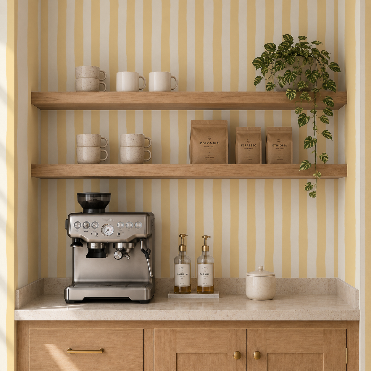 Butter Yellow painted Striped Wallpaper