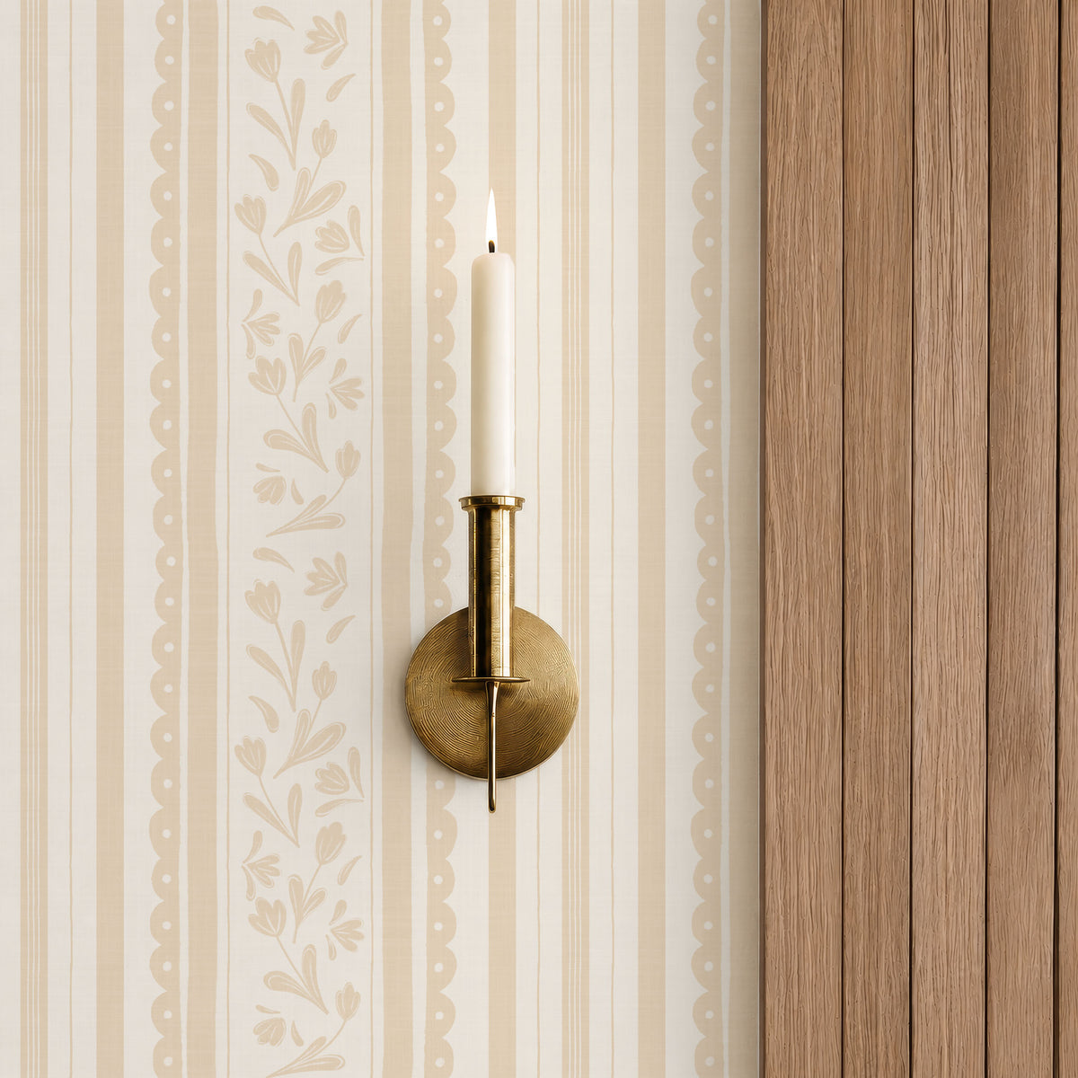 Soft ochre vintage striped wildflower wallpaper