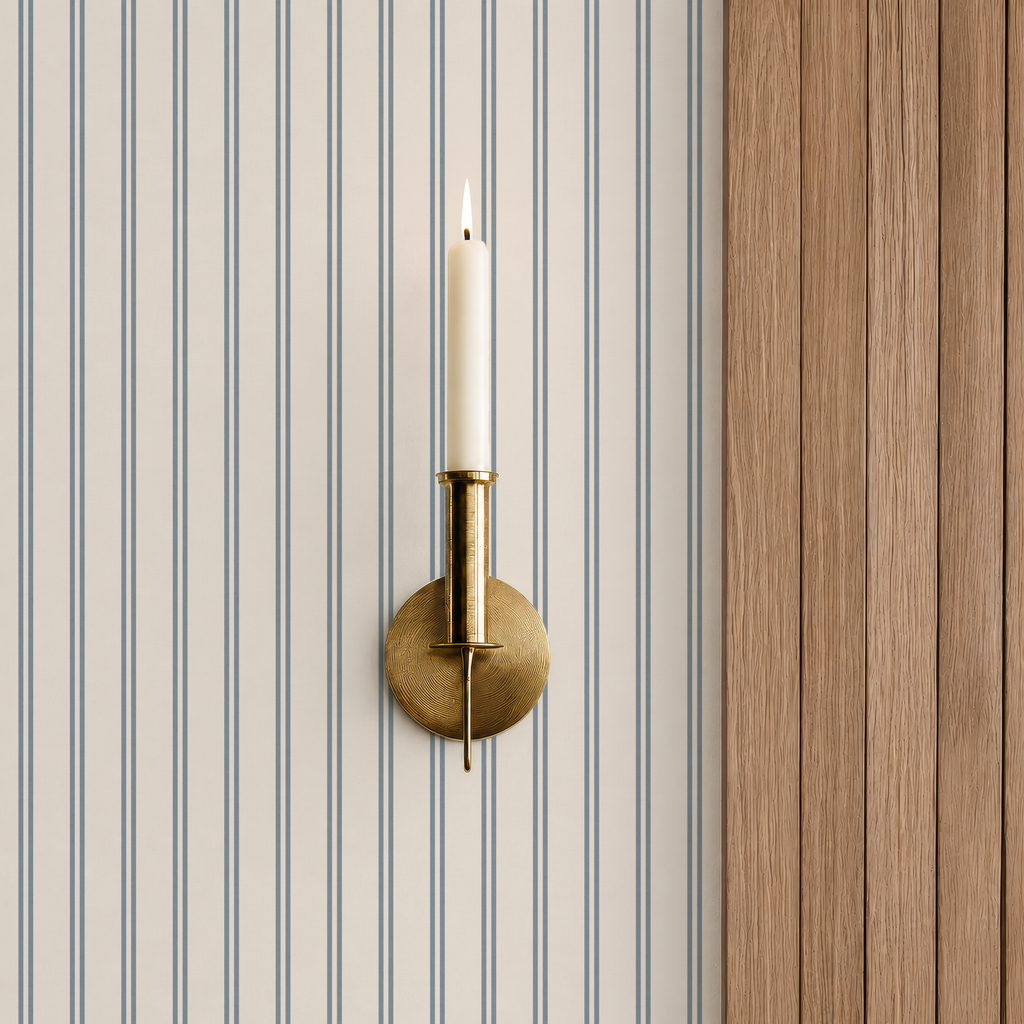 Dusty blue thin ticking stripes wallpaper