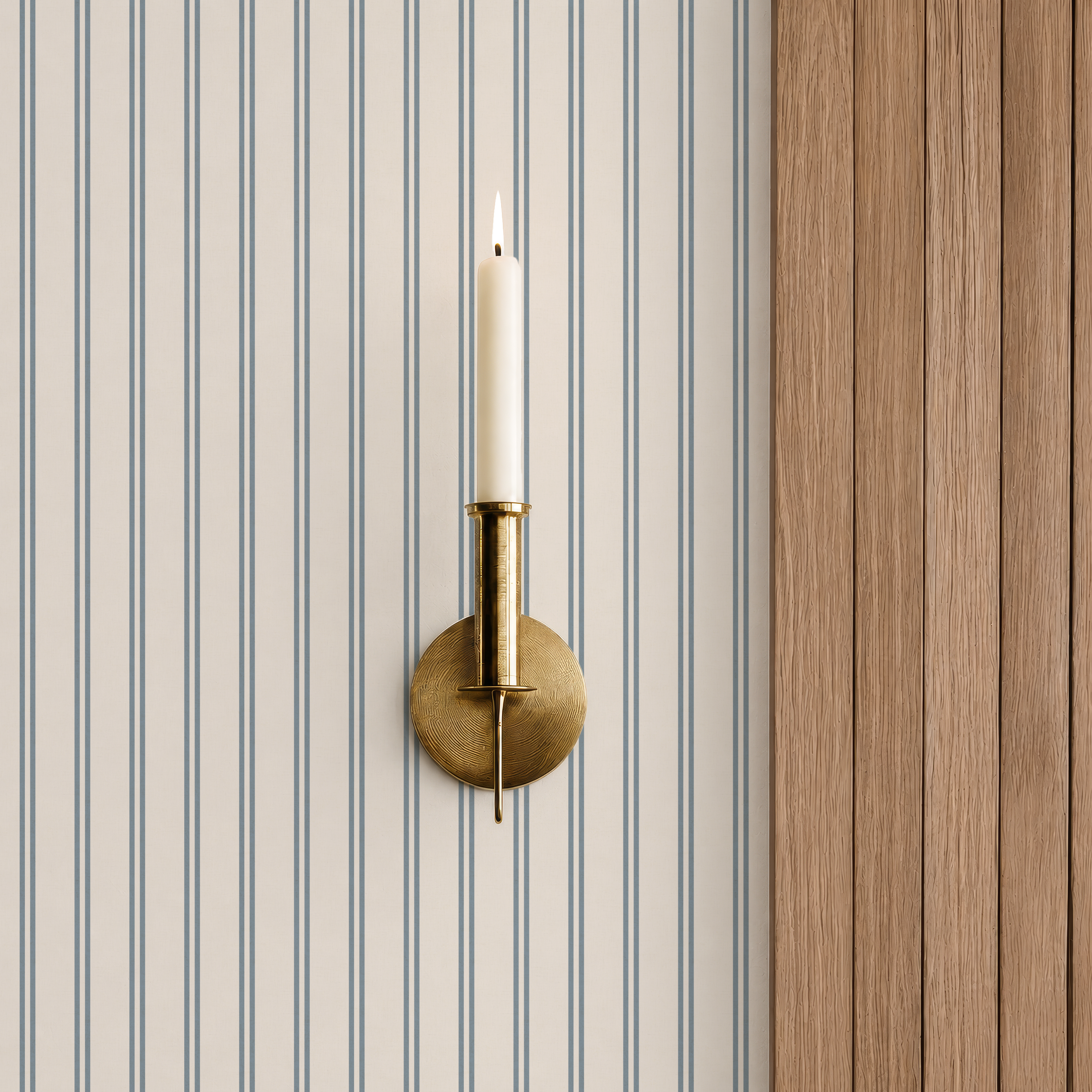Dusty blue thin ticking stripes wallpaper