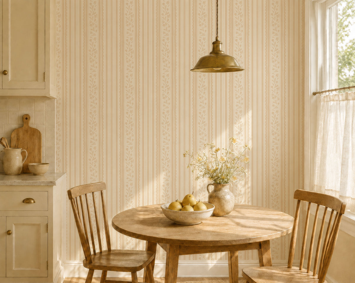 Soft ochre vintage striped wildflower wallpaper