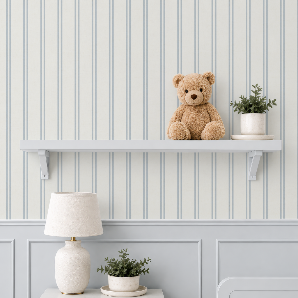 Light Blue Double Ticking Striped Wallpaper | striped Wall Covering Farmhouse Nursery Linen Texture (Removable)
