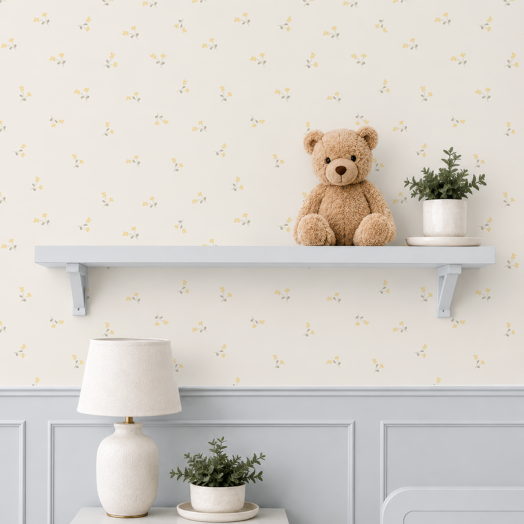 Buttery Yellow Nursery Wallpaper | Vintage Wildflower Wall Covering for Bathrooms or Bedrooms