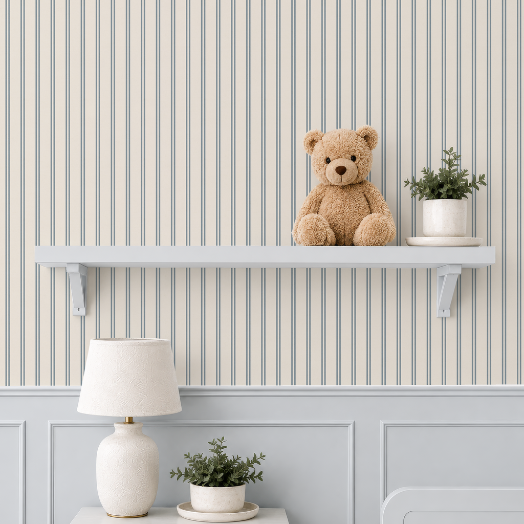 Blue striped wallpaper cozy dusty blue thin lines wall covering cute nursery wall decor coastal farmhouse elegant wallpaper peel and stick