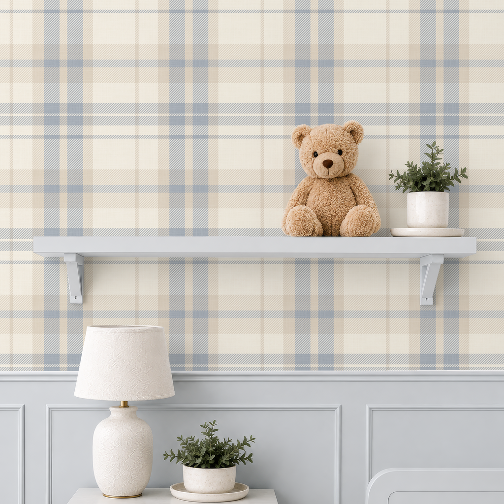 Blue Plaid Wallpaper| Cozy Cottage Decor | nursery plaid wallpaper
