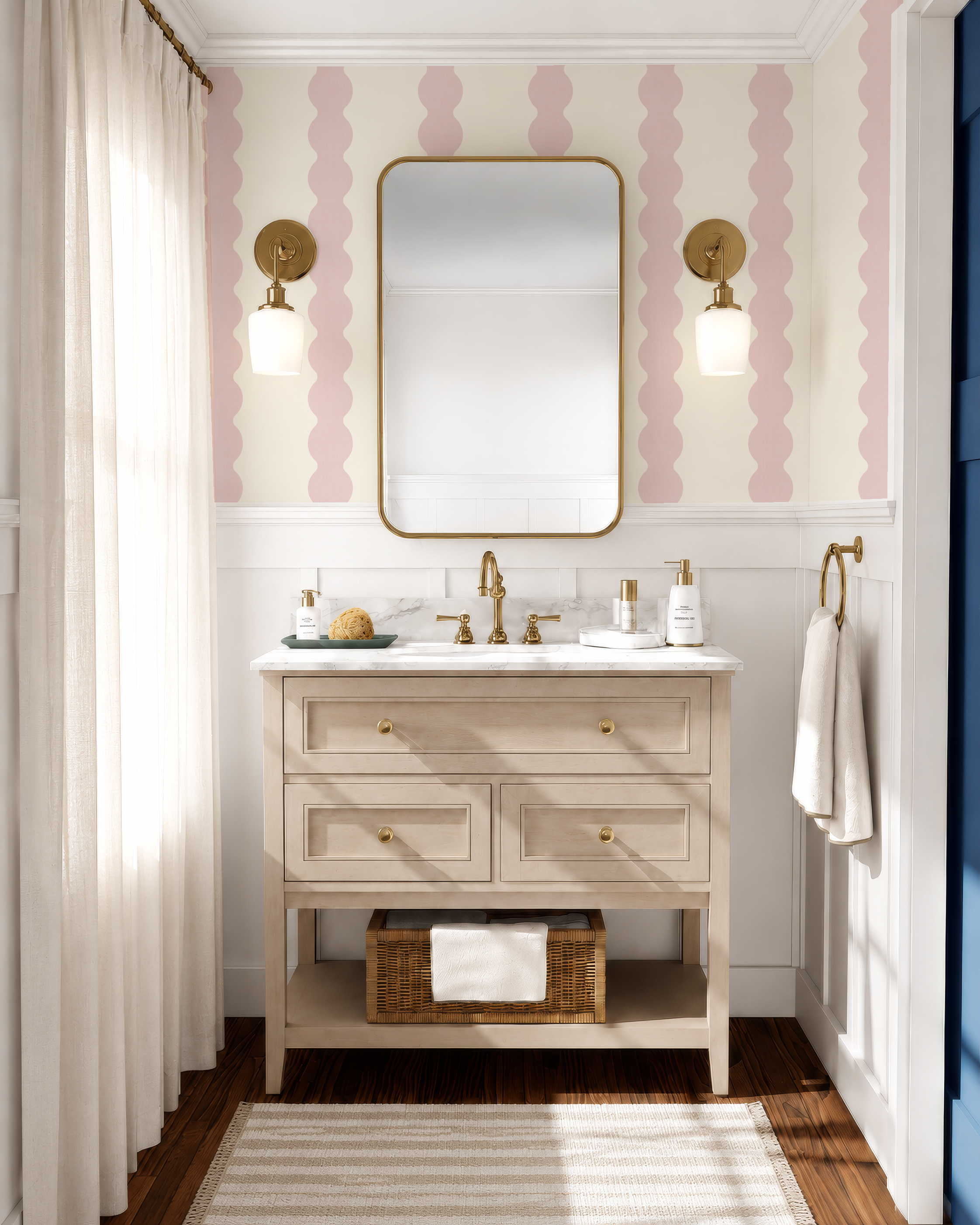 Charming Pink Wavy Striped Wallpaper | Girl Nursery Wall Covering  | Scallop Striped Bathroom Decor