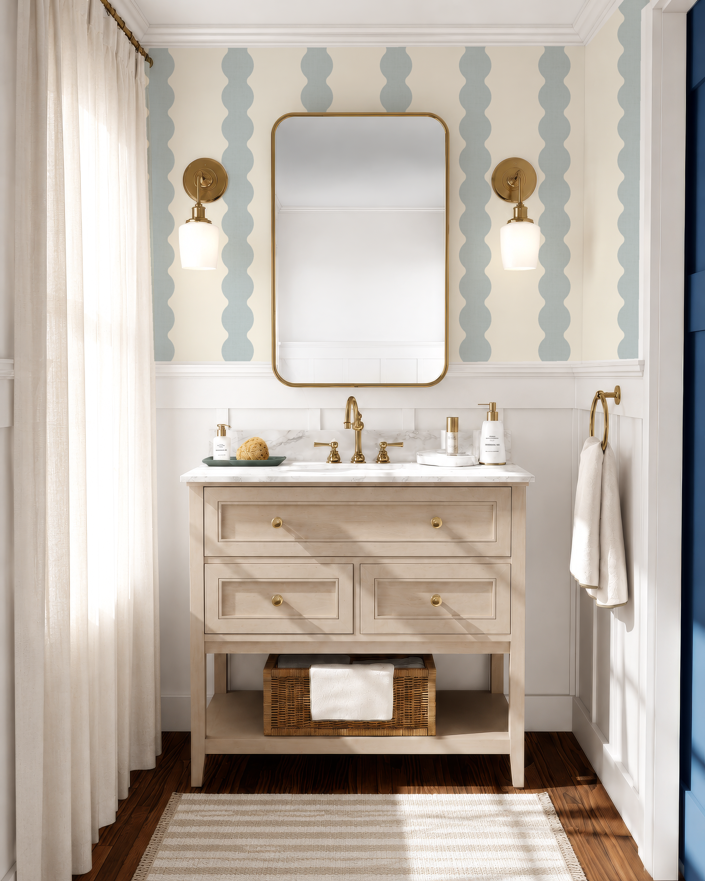 Light Blue Scallop Striped Wallpaper | Wavy boy nursery wall